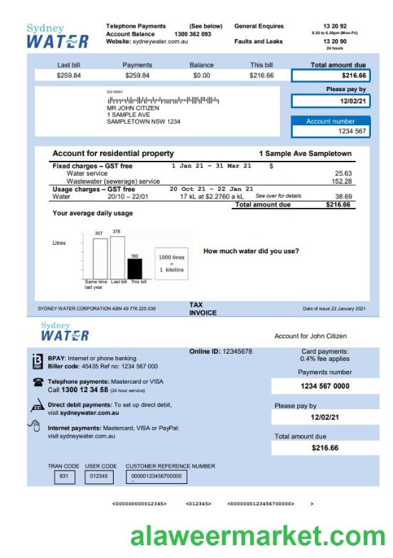 Australia Sydney water utility bill